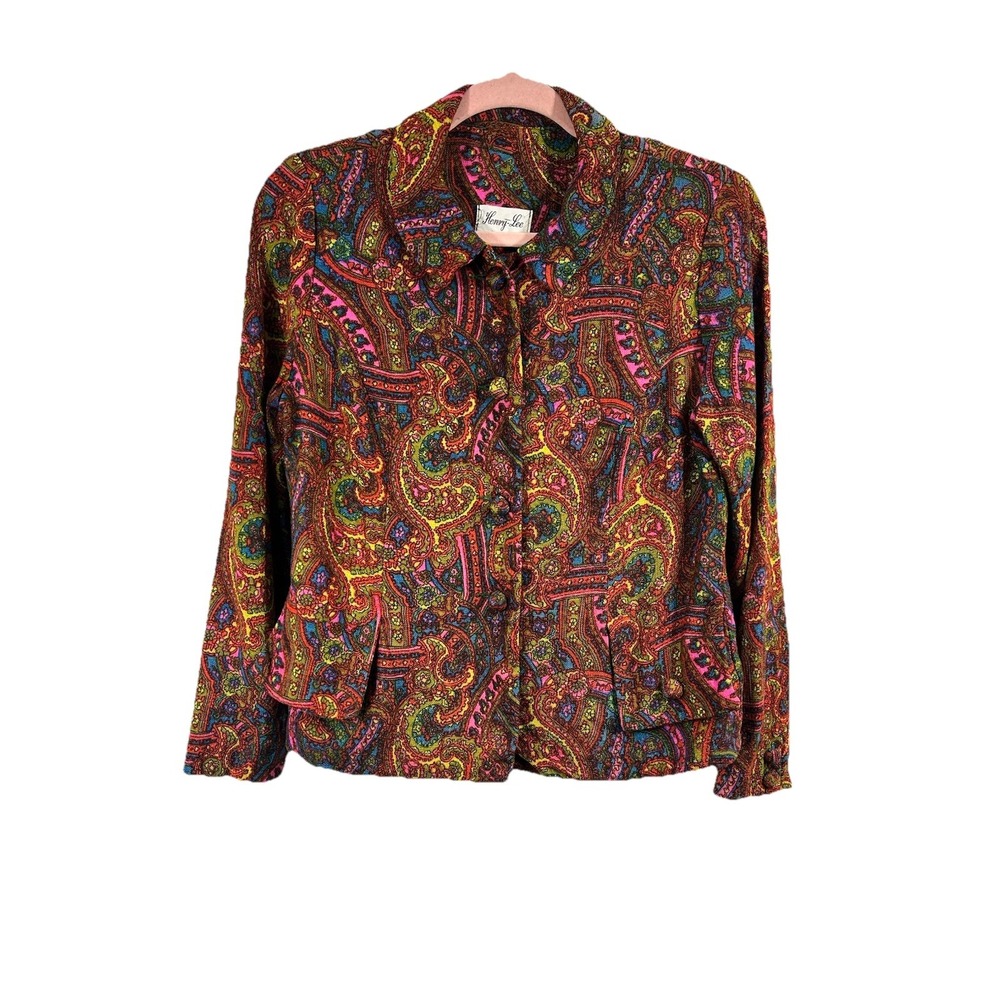1970s Vintage Henry Lee Women's Linen Blazer Size S Paisley Print Colorful Hippy